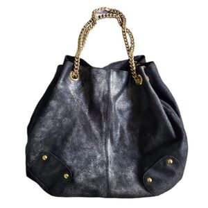 Maurizio Taiuti large black metallic leather bag gold chain adjustable straps